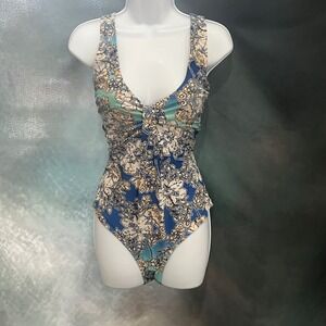 Jaclyn Smith Womens Blue Floral V-Neck One Piece Swimsuit Size 16 T-Strap Back